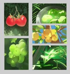  apple border bowl cherry_tomato commentary_request eungo food food_focus fruit grapes grass green_apple grey_border highres korean_commentary leaf lemon lemon_tree no_humans original plant tomato tree 