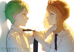 1boy 1girl absurdres black_necktie blue_eyes brown_hair closed_mouth collared_shirt commentary drew_(pokemon) edogawa_kigoro eye_contact eyelashes from_side grabbing_another's_necktie green_eyes green_hair hands_up highres light_blush looking_at_another may_(pokemon) necktie pokemon pokemon_(anime) pokemon_the_series:_ruby_and_sapphire school_uniform shirt smile upper_body watermark white_background white_shirt 