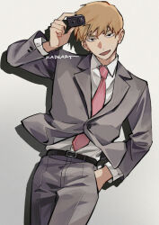  1boy arm_up belt belt_buckle black_belt blonde_hair buckle collared_shirt commentary dutch_angle english_commentary grey_jacket grey_pants grey_suit holding jacket kadeart lapels layered_sleeves long_sleeves looking_at_viewer male_focus mob_psycho_100 necktie notched_lapels open_mouth pants pink_necktie reigen_arataka shirt shirt_tucked_in simple_background solo suit suit_jacket twitter_username white_shirt wing_collar 