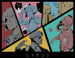  1other 2boys 3girls ? absurdres aqua_background aqua_eyes aroma_white asakura_neko bear black_jacket black_shirt blue_background blue_eyes cable card ching_yeh collage collared_shirt conner_(cytus) cytus cytus_ii english_text eyepatch facial_hair fur-trimmed_jacket fur_trim highres jacket jitome long_hair mechanical_hands meowbot monochrome multiple_boys multiple_girls mustache nora_(cytus) official_art pink_background pink_eyes ponytail red_background red_eyes robo_head_(cytus) shirt short_hair simon_jackson single_mechanical_hand spot_color sticky_note suit yellow_background 