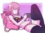  1girl akairiot backpack bag bangs black_legwear blunt_bangs bra breasts cleavage dangan_ronpa ears flipped_hair nanami_chiaki panties pink_eyes pink_hair playstation_portable short_hair sidelocks signature simple_background solo super_dangan_ronpa_2 thigh-highs underwear 