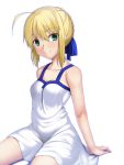  1girl ahoge blonde_hair blush dress fate/stay_night fate_(series) green_eyes highres looking_at_viewer saber skylader smile solo sundress white_background 