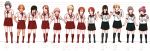  6+girls absurdres black_eyes black_hair blonde_hair blue_eyes blush brown_eyes brown_hair character_name elista-san eyebrows glasses grey_hair hair_ornament hairclip height_chart highres kamisuki lineup long_hair multiple_girls open_mouth orange_hair original school_uniform serafuku short_hair skirt smile twintails 