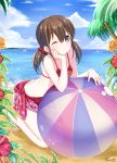  1girl absurdres ball beach beachball blue_sky brown_eyes brown_hair clouds cloudy_sky flower gendo0033 highres horizon katayama_minami long_hair looking_at_viewer ocean one_eye_closed sitting sky solo swimsuit twintails wake_up_girls! 