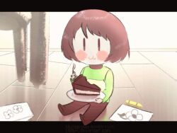  1other animated animated_gif blush brown_hair chara_(undertale) chewing crayon drawing_(object) eating floor flower food fork green_sweater holding holding_fork holding_plate mumidraws on_floor pie plate sitting solo striped_clothes striped_sweater sweater undertale utdr_(toby_fox) 