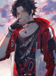  1boy absurdres bandaid bandaid_on_face black_eyes black_gloves black_hair bracelet chinese_commentary choker clouds commentary_request contemporary earrings freckles gloves highres jacket jewelry long_sleeves male_focus necklace one_piece portgas_d._ace red_jacket shirt short_hair solo sqloveraven torn_clothes torn_shirt upper_body wiping_face 