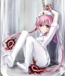  1girl blood blood_on_face blush chain cuffs demon_wings ebola-chan female flower hair_flower hair_ornament hat highres in_container jar long_hair mini_wings no_shoes nurse nurse_cap original pantyhose personification pink_hair ruma_imaginary sitting solo tagme tears twintails white_legwear wings yellow_eyes 