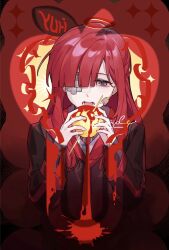  1girl apple bandaid_on_eye blood blood_on_food character_name commentary eyepatch food fruit gauze gauze_over_eye golden_apple golden_bough_(project_moon) halo highres holding holding_food holding_fruit limbus_company long_hair long_sleeves open_mouth project_moon red_background red_hair red_halo red_suit sammorstrange shadow solo suit untranslatable_commentary yuri_(project_moon) 