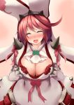  1girl blush bow breasts cleavage closed_eyes dd_mayohara elphelt_valentine guilty_gear guilty_gear_xrd hat large_breasts open_mouth pink_hair short_hair solo 