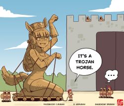  6+boys absurdres animal_ears ear_covers english_text facebook_username fortress full_body gold_ship_(umamusume) highres horse_ears horse_girl i.ruean long_hair multiple_boys open_mouth pillbox_hat smile speech_bubble standing statue tail teeth twitter_username umamusume 