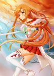  1girl 5plus asuna_(sao) brown_eyes brown_hair highres long_hair sword sword_art_online thigh-highs weapon 