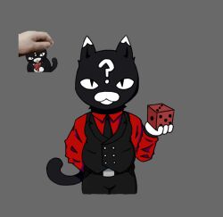  ? belt_buckle black_eyes black_fur black_necktie black_pants black_tail black_vest buckle buttons closed_mouth collared_shirt commentary cropped_legs dice double-breasted english_commentary facial_mark furry gambit_(mewgenics) grey_background highres holding holding_dice humanization long_sleeves looking_at_viewer mewgenics necktie omarchikkk pants red_shirt shirt vest white_fur 