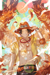  1boy abs absurdres bare_pectorals bead_necklace beads belt bracelet elbow_pads facing_viewer freckles hat highres jewelry male_focus necklace one_piece orange_belt orange_hat pectorals portgas_d._ace shirt short_sleeves single_elbow_pad solo sqloveraven sunlight toned toned_male upper_body wings yellow_shirt 