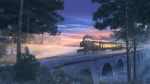  arsenixc bridge bush clouds highres light locomotive no_humans original railroad_tracks river scenery sky smoke star_(sky) train tree twilight 