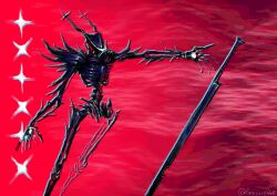  1other absurdres antlers armor artist_name deltarune english_commentary glint goosusette highres horns knight red_background roaring_knight skeleton solo spiked_armor spikes sword twitter_username utdr_(toby_fox) visor_(armor) weapon 