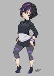  1girl big_hero_6 black_hair brown_eyes capri_pants cropped_jacket eroquis eyeshadow full_body gogo_tomago hands_on_hips makeup multicolored_hair pants pencil_skirt purple_hair shoes short_hair skirt sneakers solo streaked_hair wide_hips wristband 