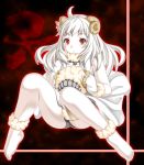  1girl ahoge alternate_costume bare_legs barefoot dress hiya horns kantai_collection long_hair looking_at_viewer mittens northern_ocean_hime red_eyes sheep_horns sitting white_dress white_hair white_skin 