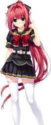  1girl absurdres belt black_bow black_sailor_collar black_shirt black_skirt bow bowtie buttons collarbone double-breasted frilled_shirt_collar frilled_skirt frills game_asset gold_trim green_eyes hair_bow hair_intakes haruru_minamo_ni! highres ibuki_asumi long_hair miniskirt non-web_source plaid_bow plaid_bowtie plaid_clothes pleated_skirt red_bow red_bowtie red_hair sailor_collar school_uniform shintarou shirt short_sleeves skirt sleeve_cuffs solo tachi-e thigh-highs transparent_background untucked_shirt very_long_hair white_belt white_thighhighs zettai_ryouiki 