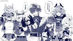  1boy 5girls =_= adjusting_another's_clothes animal_ear_fluff animal_ears apron belt breasts burnice_white caesar_king_(zenless_zone_zero) cellphone choker commentary_request crossdressing crossdressing_(mtf) detached_sleeves enmaided eyewear_on_head furry furry_female gloves glowstick goggles goggles_around_neck greyscale hair_between_eyes hair_ornament hair_over_one_eye heart heart_hands helmet highres holding holding_phone holding_removed_eyewear jacket koeda_(k83_4) lighter_(zenless_zone_zero) long_hair luciana_de_montefio maid maid_headdress mask mask_around_neck monochrome multiple_girls open_mouth phone piper_wheel pulchra_fellini side_ponytail simple_background skirt smartphone speech_bubble translation_request trembling twitter_username unworn_eyewear zenless_zone_zero 