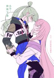  2girls ajie_(changemyself) anger_vein black_choker black_pantyhose blue_skirt carrying carrying_person chinese_commentary chinese_text choker closed_eyes closed_mouth commentary_request corrupted_twitter_file earrings green_hair green_jacket hand_on_another's_face hatsune_miku highres hoop_earrings hug jacket jewelry long_hair megurine_luka multiple_girls pantyhose pink_hair project_sekai purple_jacket purple_skirt simple_background skirt sweatdrop translation_request twintails vocaloid white_background yuri 