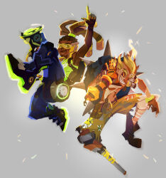  2boys backpack bag black_bag black_gloves blonde_hair blue_pants brown_pants dark-skinned_male dark_skin dreadlocks fingerless_gloves full_body gloves goggles green_shirt grey_background grin holding holding_weapon junkrat_(overwatch) long_hair looking_to_the_side lucio_(overwatch) male_focus multiple_boys one_eye_closed orange_eyes outstretched_arm overwatch pants peg_leg pepepegle pointing pointing_up print_shirt prosthesis prosthetic_leg shirt short_hair sideways_glance sleeveless sleeveless_shirt smile spiked_tire thick_eyebrows tinted_eyewear unused_tire weapon yellow-tinted_eyewear 