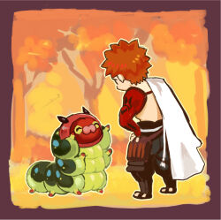  1boy border brown_border cape caterpillar commentary_request detached_sleeves emiya_shirou fate/grand_order fate_(series) forest hand_on_own_hip igote male_focus nature orange_hair sandals senji_muramasa_(fate) shibanui single_detached_sleeve sleeves_past_wrists white_cape 