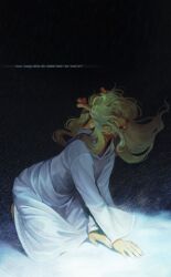 1girl animal_ears antlers blonde_hair commentary creemshouwn deer_antlers deer_ears deer_girl deltarune english_commentary english_text floating_hair furry furry_female highres horns noelle_holiday noelle_holiday_(dark_world) on_ground robe snow snowing solo utdr_(toby_fox) white_robe 