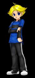  1boy antenna_hair black_background black_pants black_shoes black_sleeves blonde_hair blue_eyes blue_shirt boomer_(ppg) briskkat full_body fusionfall hand_on_own_arm highres long_sleeves looking_at_viewer male_focus open_mouth pants parted_bangs parted_hair powerpuff_girls shirt shoes short_sleeves single_stripe sneakers solo standing white_shoes 