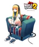  1girl absurdres blonde_hair dicorndl headphones highres long_hair maplestory maplestory_2 no_shoes shoes_removed sitting socks solo white_background 