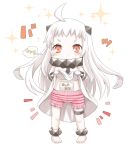  1girl ahoge barefoot chibi covered_mouth dress dress_lift fujishima_shinnosuke horns kantai_collection long_hair looking_at_viewer mittens northern_ocean_hime red_eyes shinkaisei-kan solo sparkle striped translation_request underwear white_dress white_hair white_skin 
