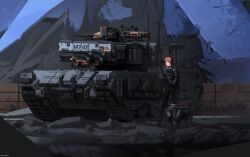  1girl absurdres ammunition_belt armored_vehicle assault_rifle autocannon blue_eyes brown_hair bulletproof_vest cannon caterpillar_tracks cqcnorthfish exoskeleton facing_viewer gun headphones highres leggings magazine_(weapon) mechanical_legs military_vehicle motor_vehicle non-humanoid_robot optical_sight original radio_antenna rifle robot robot_animal robot_dog smoke_grenade_launcher tactical_clothes tank tank_turret vehicle_focus weapon 