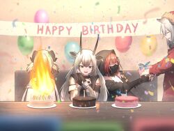  4girls :d ^_^ animal_ears arknights balloon banner black_gloves blonde_hair booth_seating brown_eyes cake closed_eyes confetti crownslayer_(arknights) demon_girl demon_horns faceless faceless_female fingerless_gloves fire food fur-trimmed_hood fur_trim gift giving gloves goat_ears goat_girl goat_horns grey_streaks hadiya_(arknights) happy happy_birthday highres hood hood_up hooded_jacket horns ifrit_(arknights) jacket leaning_back long_hair mask mouth_mask multicolored_hair multiple_girls okukin_07 open_mouth own_hands_together plate projekt_red_(arknights) red_jacket short_hair short_twintails sitting smile streaked_hair table too_many_candles twintails very_long_hair white_hair wolf_ears wolf_girl 