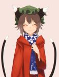  1girl alternate_costume animal_ears brown_hair cat_ears cat_tail checkered chen closed_eyes coat hat jewelry kinketsu long_sleeves mob_cap multiple_tails pink_background scarf short_hair simple_background single_earring smile solo tail touhou wide_sleeves winter_clothes 