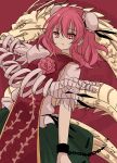  1girl aaaabo absurdres bandages bun_cover chinese_clothes cuffs double_bun dragon eastern_dragon flower highres ibaraki_kasen pink_eyes pink_hair rose short_hair skirt solo tabard touhou 