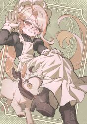  1boy :d absurdres animal apron argyle_background bis black_dress blush boots brown_boots clothed_animal crossdressing crossdressing_(mtf) crossed_legs curtained_hair dog dress embarrassed enmaided fate/grand_order fate_(series) frilled_apron frills from_below full_body glasses gloves green_background hair_behind_ear hair_between_eyes hair_down half-closed_eyes halftone halftone_background hanasaka_no_okina_(fate) hand_on_own_knee hand_up hat high_heel_boots high_heels highres invisible_chair juliet_sleeves lace-up_boots long_dress long_hair long_hair_between_eyes long_sleeves looking_at_viewer maid maid_apron maid_headdress male_focus male_maid mob_cap mole mole_under_eye open_hand pink_eyes pink_hair puffy_sleeves round_eyewear shoe_soles sitting sleeve_cuffs smile solo sweatdrop trap very_long_hair white_apron white_dog white_gloves 