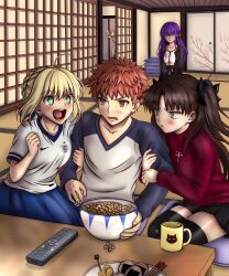  +_+ 1boy 4girls ahoge artoria_pendragon_(fate) black_thighhighs blonde_hair blue_skirt blush braid breasts brown_hair cheese clenched_hand controller cup dress emiya_shirou fate/stay_night fate_(series) food green_eyes hair_ribbon highres holding illyasviel_von_einzbern jersey long_hair long_skirt long_sleeves magical_ruby making-of_available matou_sakura medium_breasts mug multiple_girls nike_(company) open_mouth orange_hair popcorn purple_hair raglan_sleeves red_eyes remote_control ribbon saber_(fate) shirt short_hair short_sleeves skirt thigh-highs tohsaka_rin twintails two_side_up user_pjav3824 violet_eyes watching_television white_hair white_shirt world_cup yellow_eyes 