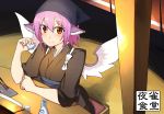  1girl alternate_costume bird_ears bird_wings bottle bust chopsticks commentary_request food_stand hachi105 head_scarf japanese_clothes kimono looking_at_viewer mystia_lorelei obi okamisty pink_hair red_eyes sake_bottle sash short_hair sitting smile solo tasuki tokkuri touhou yatai 