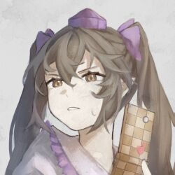  1girl bow brown_eyes brown_hair cellphone cropped_shoulders flip_phone hair_bow hat himekaidou_hatate holding holding_phone long_hair looking_to_the_side phone pointy_ears purple_bow purple_hat rumindo shirt solo touhou twintails white_shirt 
