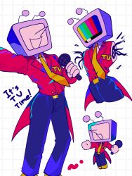  1boy ant_tenna chibi chibi_inset colorbars commentary crt deltarune grid_background highres holding holding_microphone long_nose microphone mikiwo_eko53 multiple_views necktie object_head pointy_nose radio_antenna red_suit shoes suit tailcoat utdr_(toby_fox) yellow_necktie yellow_shoes 