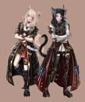  2girls animal_ears armor belt black_hair blonde_hair blue_eyes boots bracelet cat_ears cat_tail chocobo choker earrings facial_mark facial_tattoo final_fantasy final_fantasy_xiv heart_tail_duo highres hyuu_(sing-dog) jacket jewelry lipstick makeup miqo&#039;te multicolored_hair multiple_girls necklace open_clothes open_jacket tail tattoo thigh-highs thigh_boots thigh_strap two-tone_hair 