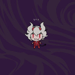  1girl :3 beelzebub_(helltaker) black_tail chibi demon_girl demon_horns demon_tail formal_clothes freckles gloves helltaker highres horns looking_at_viewer noah_(tettsui-sole) red_eyes red_gloves red_suit short_hair smile solo suit tail white_hair white_horns 