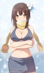  1girl bikini_skirt breasts brown_hair cccpo cleavage crossed_arms grin hair_ornament large_breasts midriff navel original scarf smile snowing solo yellow_eyes 