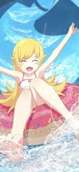  1girl :d \o/ \||/ ^_^ arm_out_of_frame armpits arms_up bare_arms bare_legs bare_shoulders barefoot bikini blonde_hair blue_sky blurry blush_stickers bokeh bow bow_bikini closed_eyes clouds collarbone commentary_request day depth_of_field donut_innertube facing_viewer fang flat_chest flipped_hair foreshortening full_body hair_between_eyes hair_flaps happy highres innertube knees_together_feet_apart knees_up long_hair monogatari_(series) na-suke open_mouth oshino_shinobu outdoors outstretched_arm outstretched_arms pointy_ears red_bow sidelocks sitting sky smile soles solo splashing swim_ring swimsuit toes v-shaped_eyebrows very_long_hair water white_bikini 