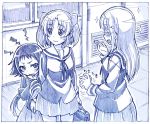  3girls :d ^_^ bag closed_eyes glasses hiding holding long_hair low_ponytail mikakunin_de_shinkoukei mitsumine_mashiro monochrome multiple_girls open_mouth peeking_out pleated_skirt sakino_shingetsu school_bag school_uniform serafuku skirt sleeves_past_wrists smile two_side_up yonomori_benio yonomori_kobeni 