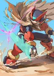  1boy armor black_eyes brown_cloak cloak energy_sword forehead_jewel helmet highres holding holding_sword holding_weapon male_focus mega_man_(series) mega_man_zero_(series) mega_man_zero_2 omochi_(mochi_skymega) red_armor red_helmet solo standing sword weapon z_saber zero(z)_(mega_man) zero_(mega_man) 