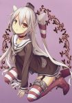  1girl absurdres amatsukaze_(kantai_collection) blush brown_eyes garter_straps gloves hair_tubes highres kantai_collection kikuchi_seiji long_hair looking_at_viewer open_mouth sailor_dress scan silver_hair single_glove sitting solo striped striped_legwear thigh-highs twintails two_side_up wariza white_gloves 