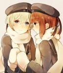  2girls bisco9skm blonde_hair blue_eyes blush brown_hair clothes_writing hat kantai_collection long_sleeves looking_at_another military military_uniform mittens multiple_girls neckerchief orange_eyes sailor_collar sailor_hat scarf short_hair uniform z1_leberecht_maass_(kantai_collection) z3_max_schultz_(kantai_collection) 