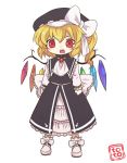  1girl alternate_costume aoi_tobira ascot blonde_hair bow brooch deformed fang flandre_scarlet hat hat_bow jewelry red_eyes solo touhou white_background wings 