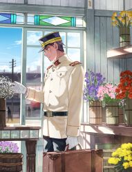  1boy belt black_belt buttons check_flower closed_mouth commentary_request dark-skinned_male dark_skin day flower flower_request freesia_(flower) gloves golden_kamuy hat hauhaulnd highres holding holding_suitcase indoors koito_otonoshin long_sleeves male_focus military_hat military_uniform peaked_cap petunia_(flower) pink_flower pink_rose red_flower red_rose rose short_hair solo suitcase white_flower white_gloves window yellow_flower 
