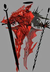  armor creature double_helix grey_background halo highres holding holding_sword holding_weapon monster monster_focus msn_02 no_humans original red_armor simple_background solo spiked_armor spikes sword weapon 